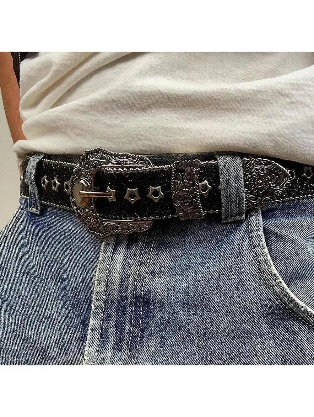 Y2k Style Studded Black and Silver 2-Tone Rhinestone belt. Cool grunge/punk